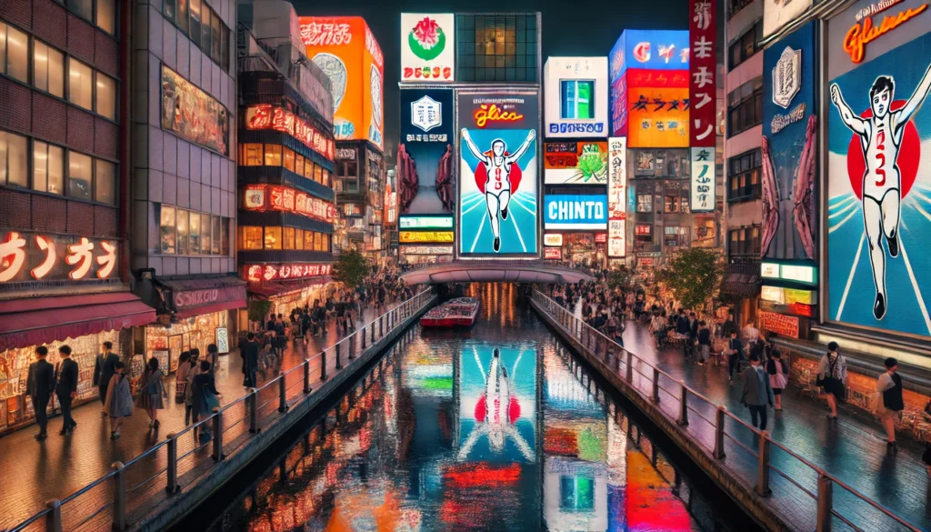 Lively night atmosphere of Osaka's popular Dotonbori Street, filled with vibrant neon signs, busy restaurants, and bustling crowds.