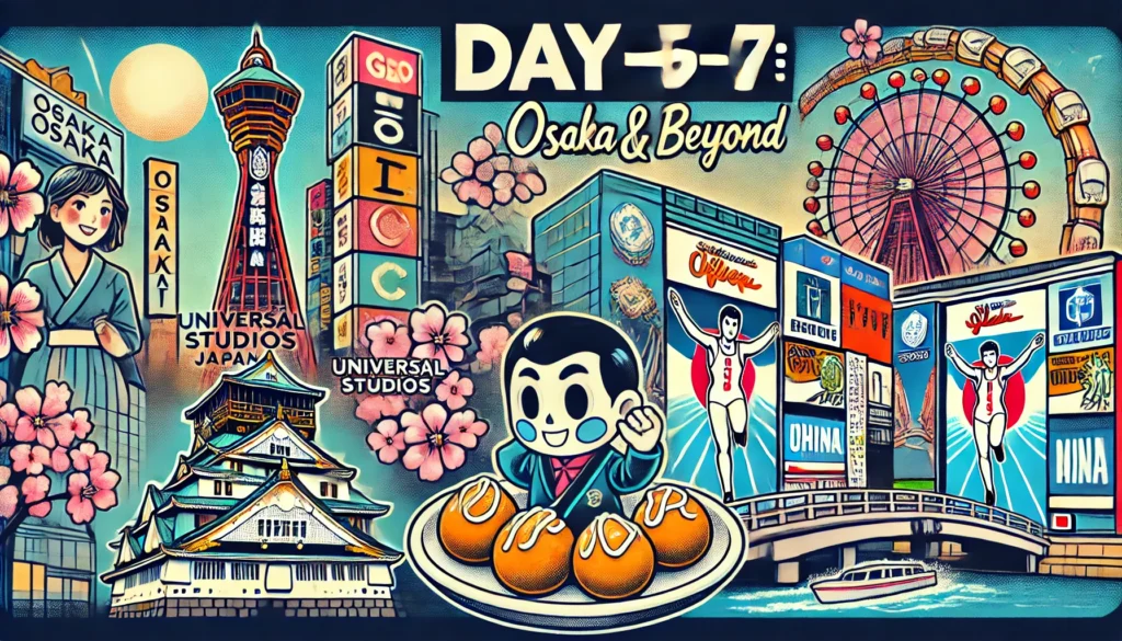 Highlighting Dotonbori, Osaka Castle, Universal Studios Japan, and takoyaki.