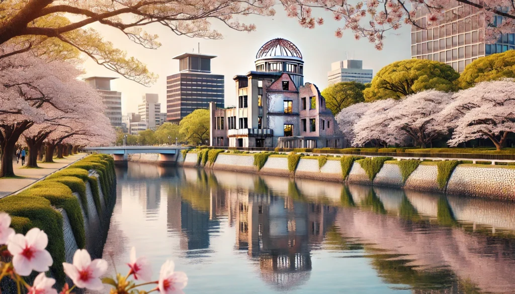 Tranquil sunset scene of Hiroshima's iconic floating torii gate at Miyajima Island, set against calm waters creating a peaceful atmosphere.