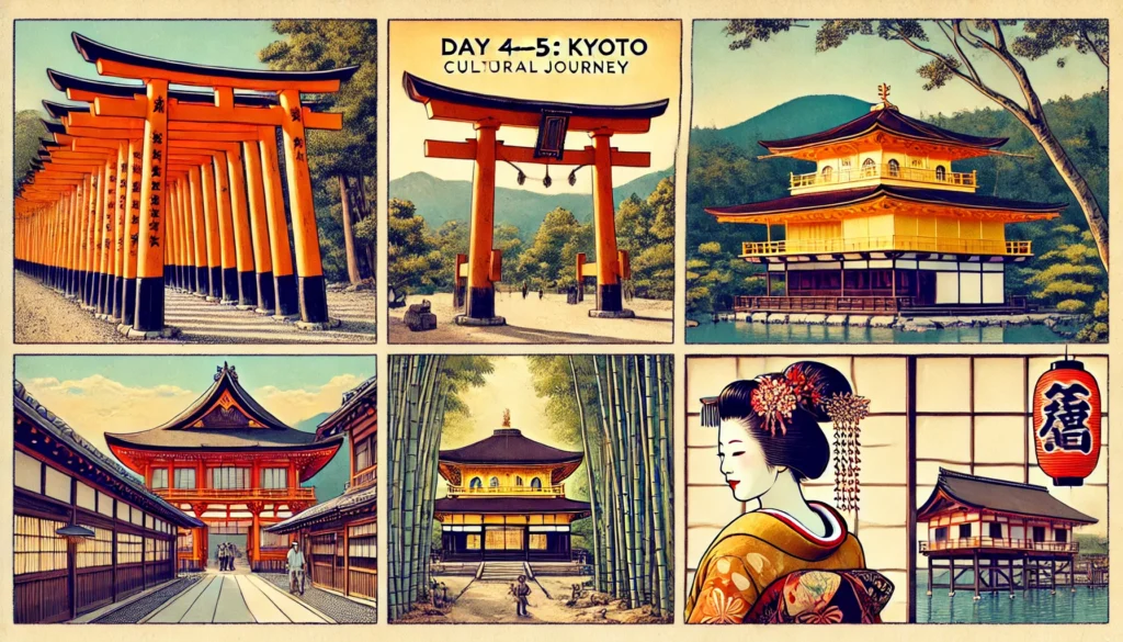 Featuring Fushimi Inari Shrine, Arashiyama Bamboo Forest, Kinkaku-ji, and a geisha in Gion.