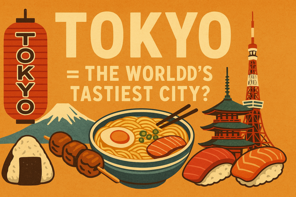 A retro-styled horizontal digital illustration titled “Tokyo = The World’s Tastiest City?” featuring Japanese foods like ramen, sushi, onigiri, and yakitori alongside cultural symbols such as Mount Fuji, Tokyo Tower, a pagoda, and a red vertical lantern—evoking Tokyo’s unique blend of cuisine and tradition.