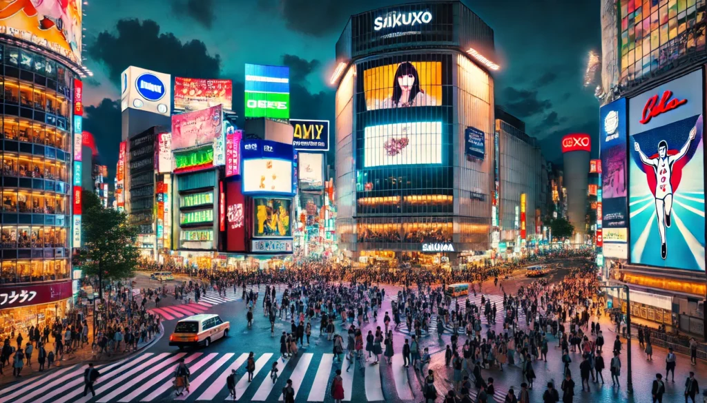 Vibrant nighttime scene of Tokyo's famous Shibuya Crossing, illuminated by bright neon signs and bustling with pedestrians.