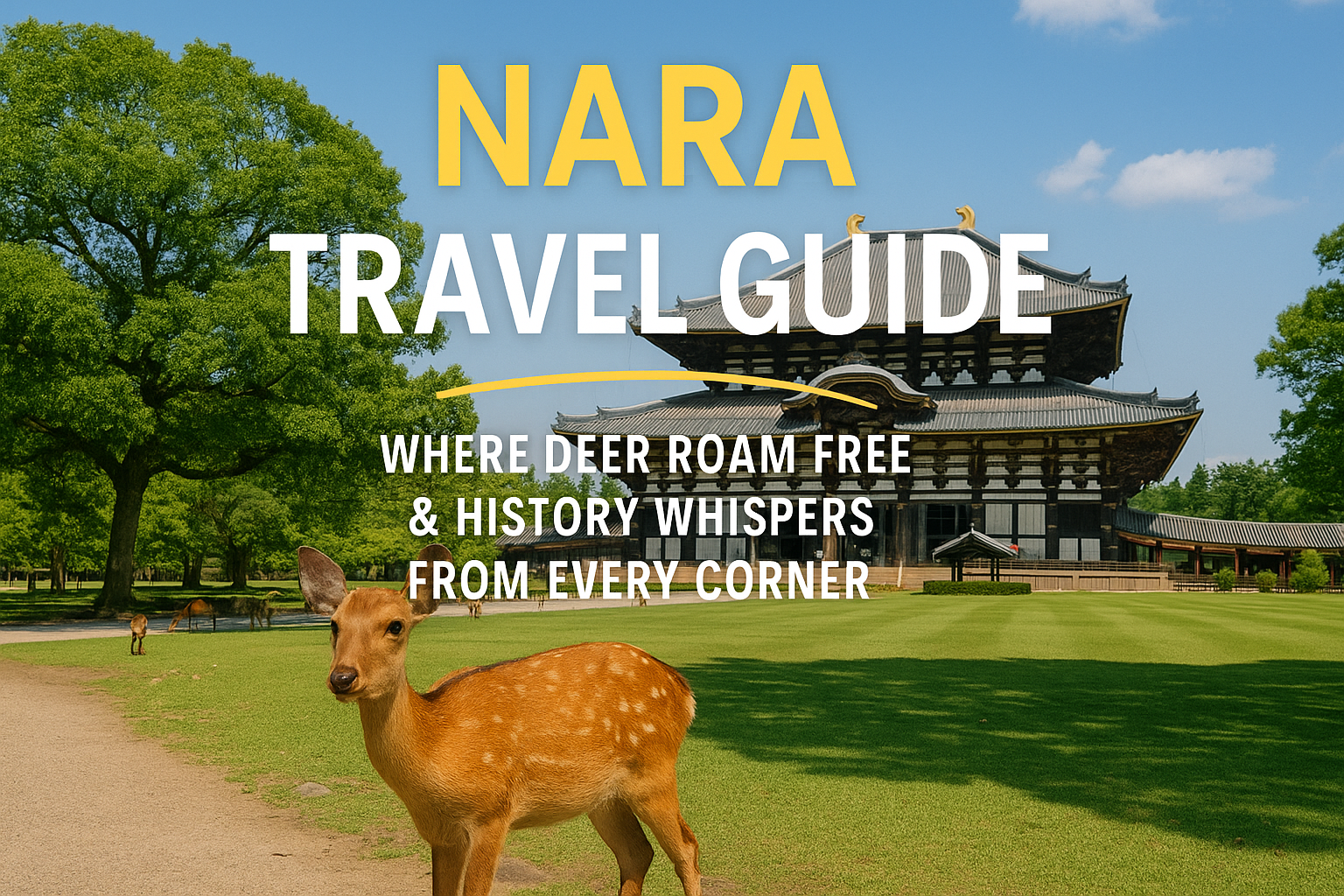 A travel guide banner for Nara, Japan, featuring a young Sika deer standing on a path in the foreground with Todai-ji Temple in the background, surrounded by lush green trees and a bright blue sky. Bold yellow and white text over the image reads, "NARA Travel Guide â Where Deer Roam Free & History Whispers from Every Corner."
