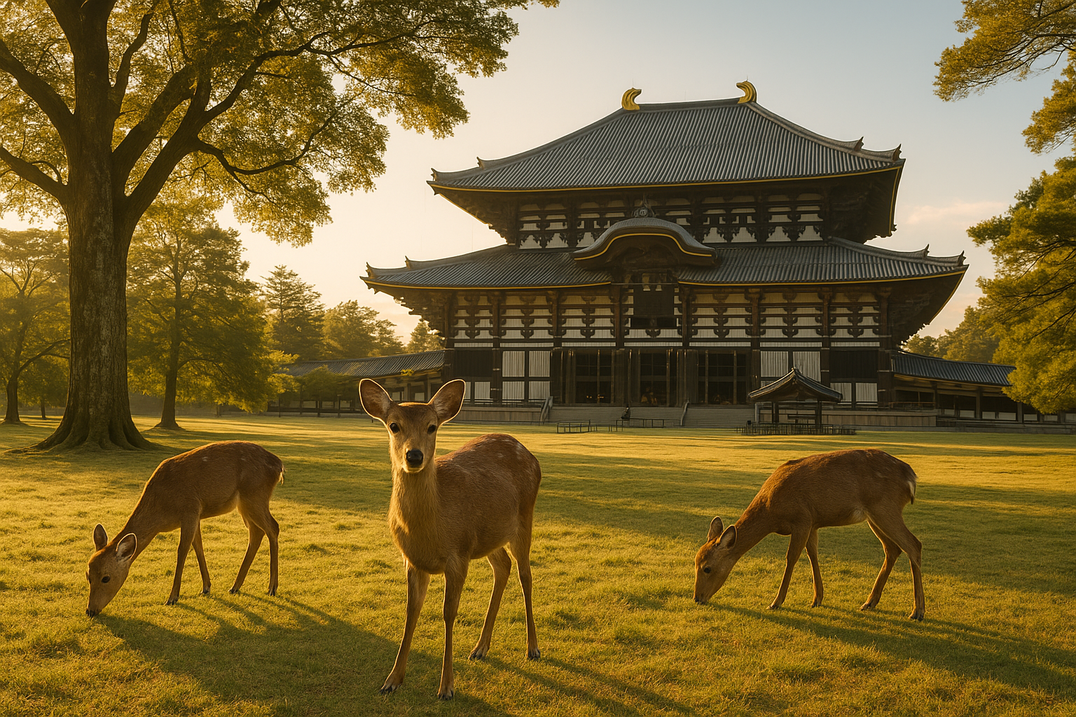 Deer grazing peacefully in Nara Park with Todai-ji Temple rising behind them under a clear blue sky