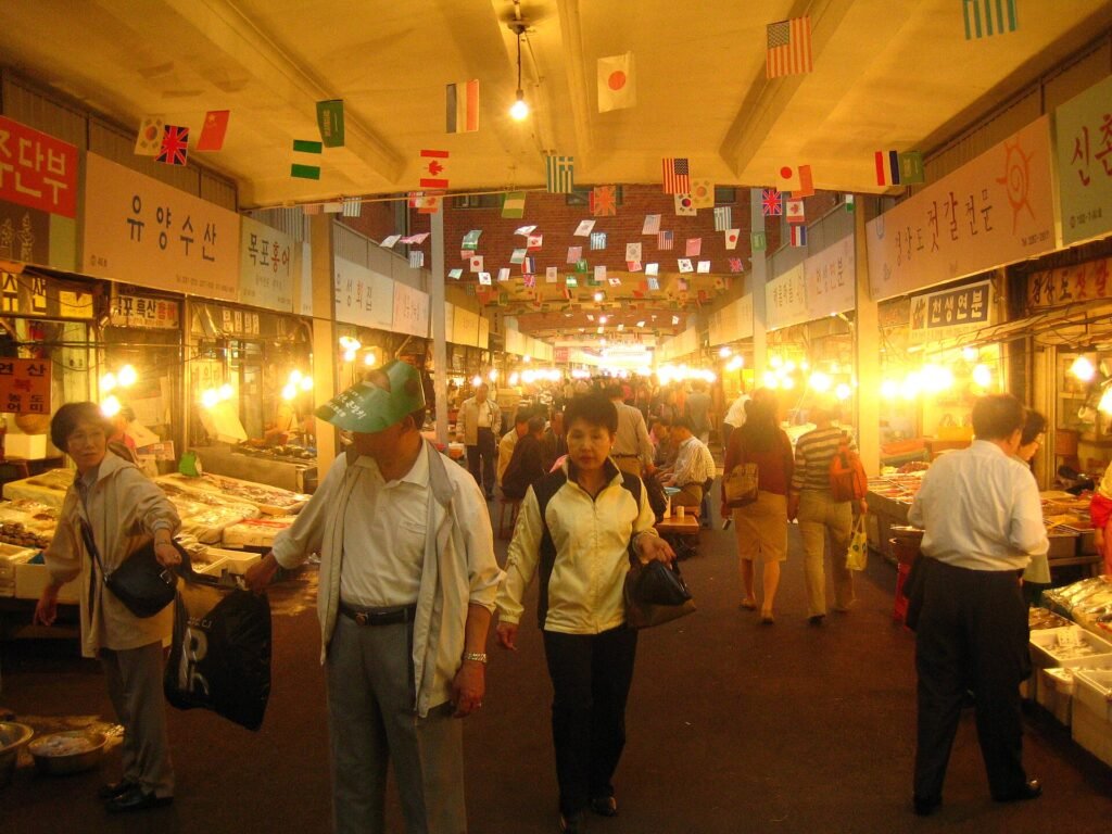 Food stalls at Gwangjang Market in Seoul