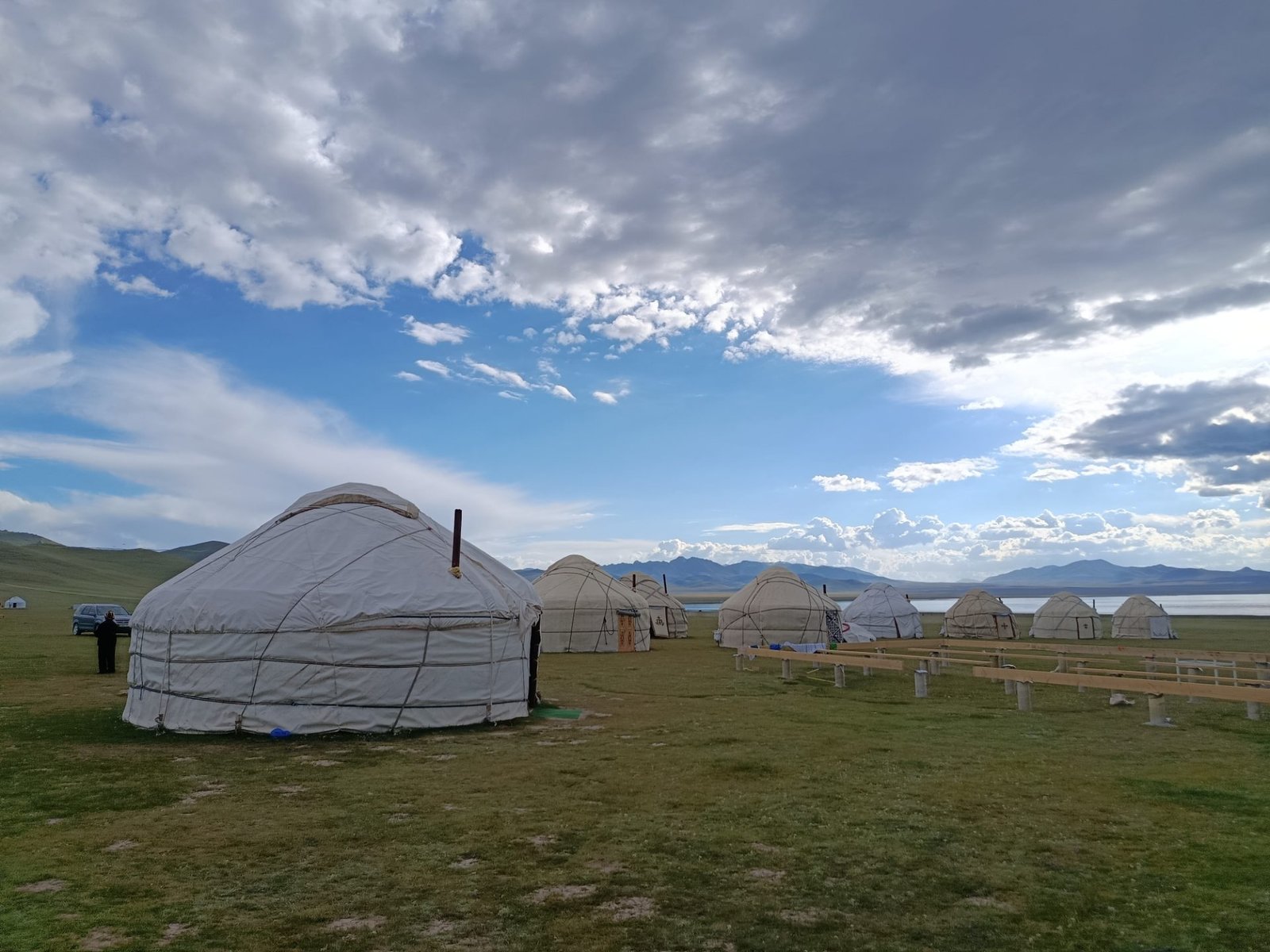 A yurt camp on the shore of Song-Köl lake at 3,016 metres, Kyrgyzstan