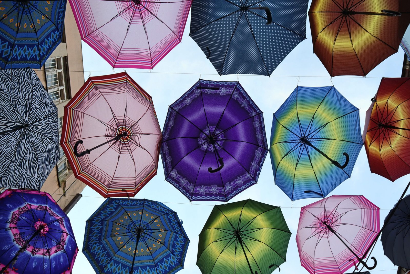 Skopje's Old Bazaar with hanging umbrella decorations, North Macedonia